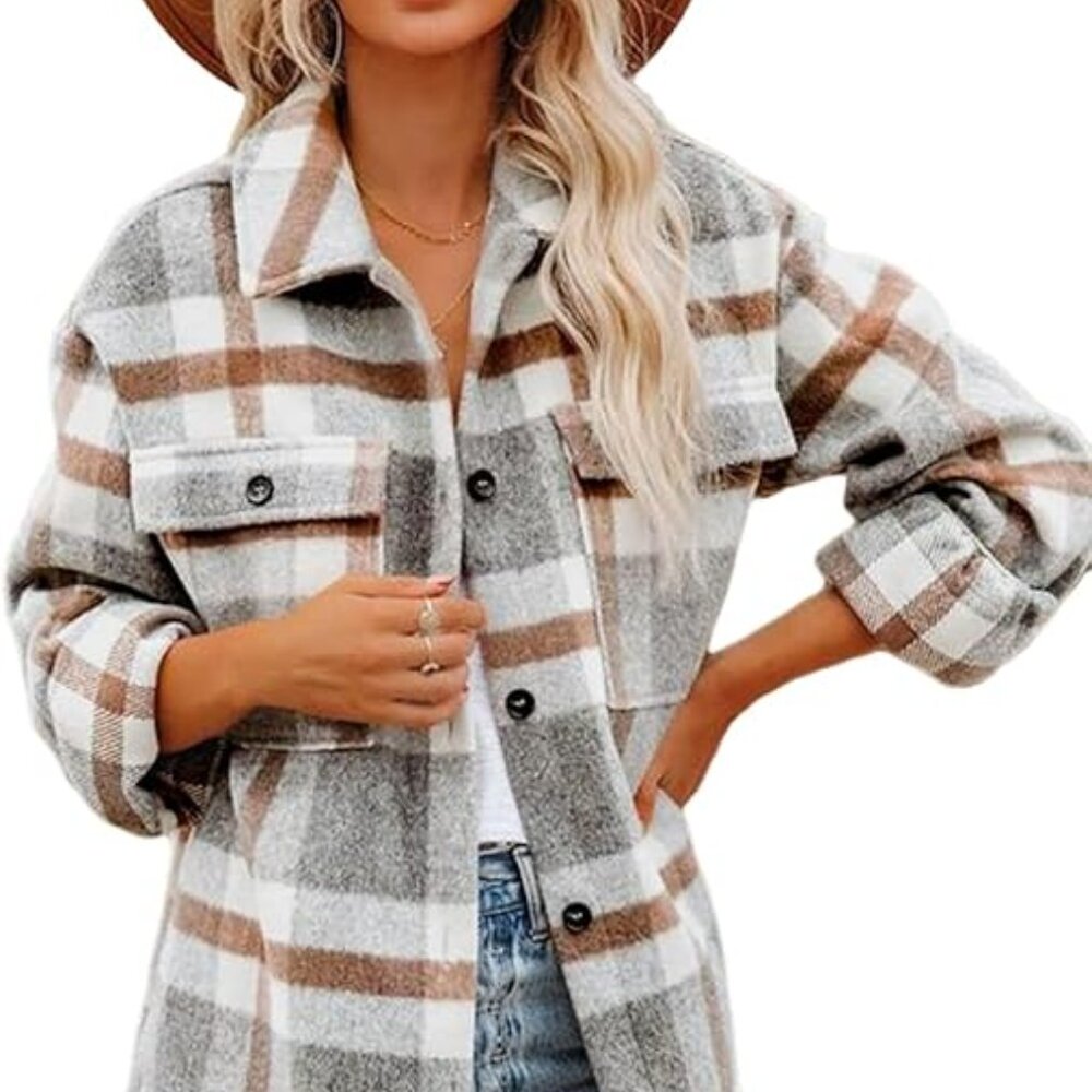 HOT Women's Flannel Plaid Shacket Long Sleeve Button Down